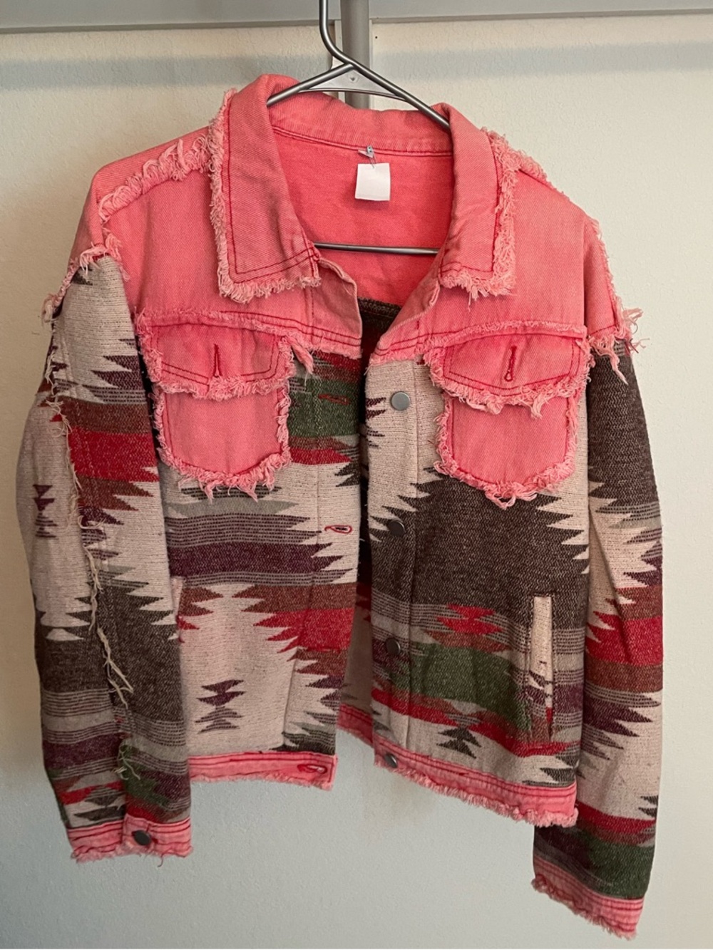 Coral Frayed Jean Jacket with Southwestern Knit Panels